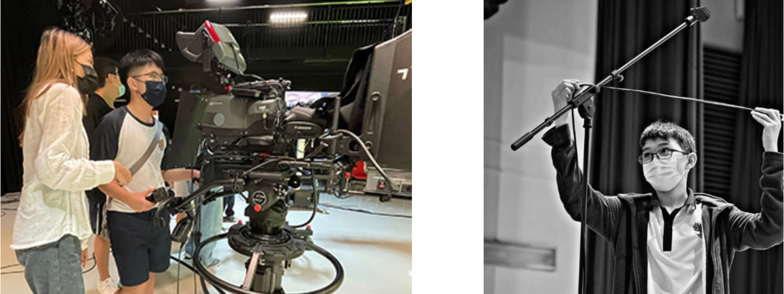 Two masked students near a large studio camera; a masked person holding a boom mic pole in black and white.